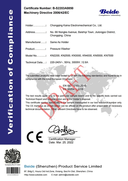 Chiny Chongqing Kena Electromechanical Co., Ltd. Certyfikaty